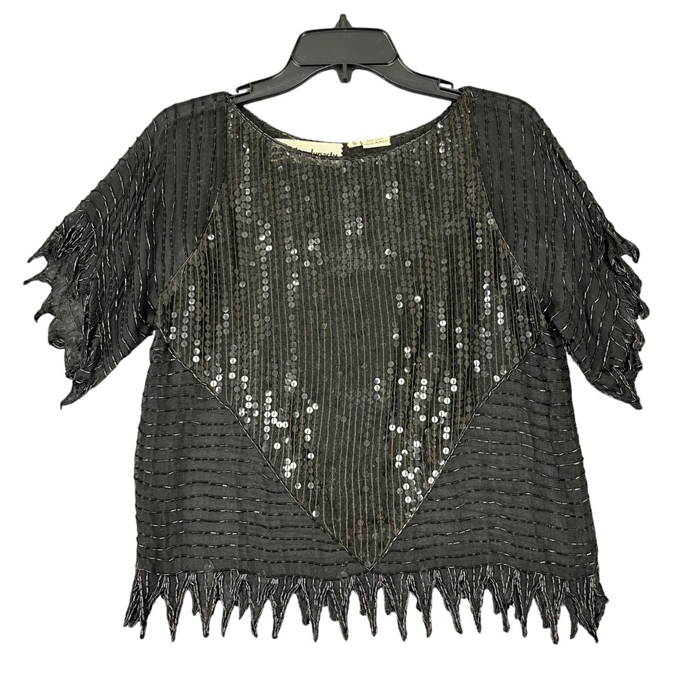 Vintage 80s Sequins Dynasty Silk Beaded Fringe Sheer Party Evening Retro Glam‎ S